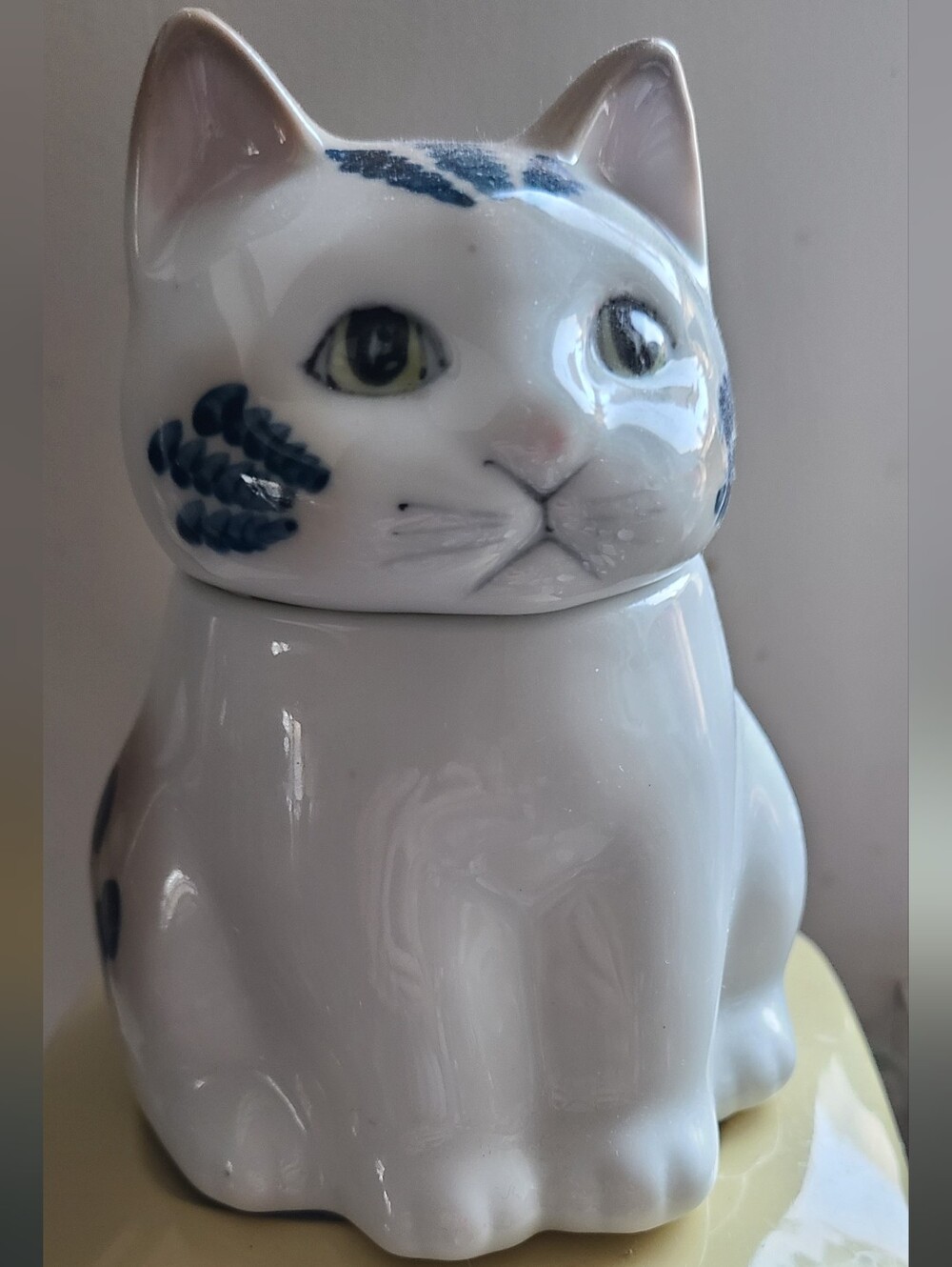 VINTAGE 70's White and Blue Ceramic Cat Sugar Bowl